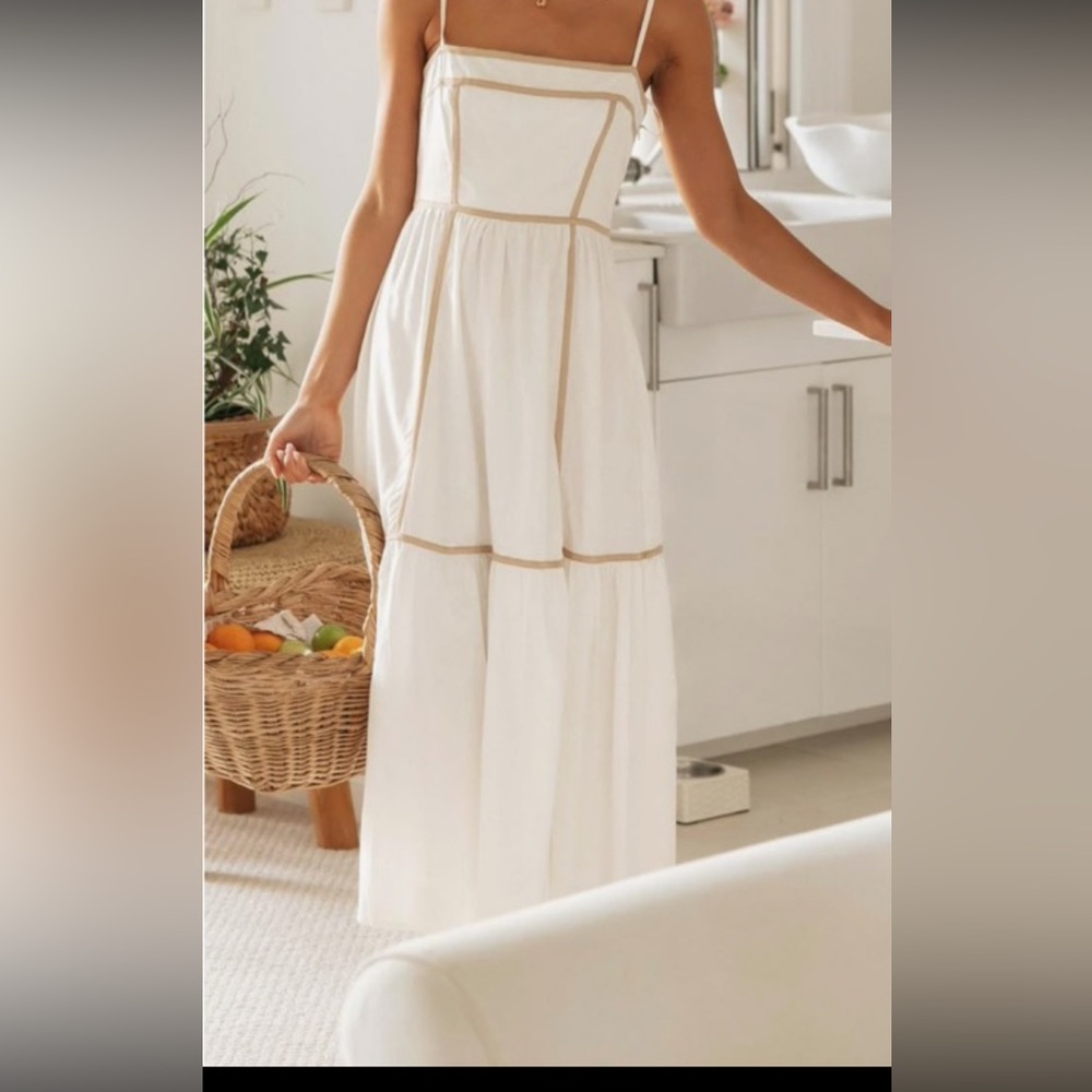 Elegant White Maxi Dress with Tan Accents